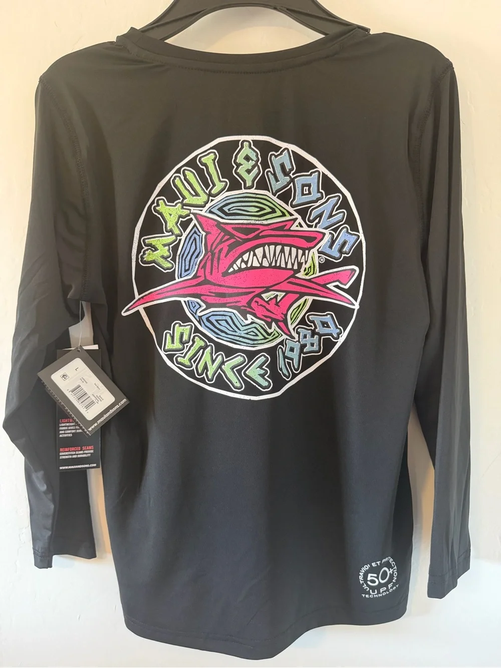 Maui and Sons Black Long Sleeve UV 50 Logo Shirt with White Graphic Boys Large